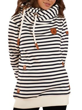 Wanakome Navy Ivory Stripe Cowl Neck Hoodie XS Terry Pullover
